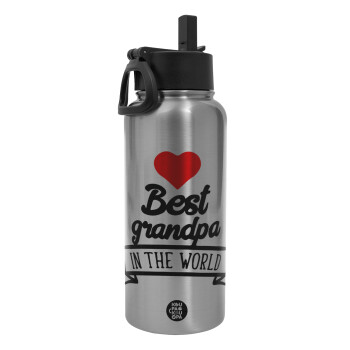 Best Grandpa in the world, Metal mug thermo Silver with Straw and Spout Lid (Stainless steel), double wall, 950ml