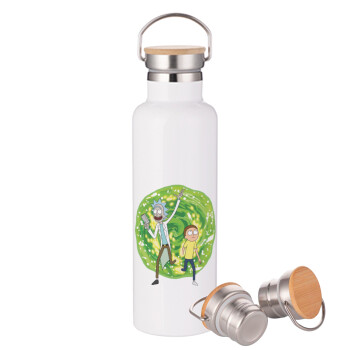 Rick and Morty, Stainless steel White with wooden lid (bamboo), double wall, 750ml