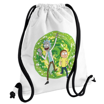 Rick and Morty, Τσάντα πλάτης πουγκί GYMBAG λευκή, με τσέπη (40x48cm) & χονδρά κορδόνια