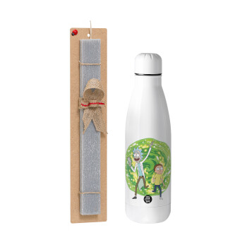 Rick and Morty, Πασχαλινό Σετ, μεταλλικό παγούρι Inox (700ml) & πασχαλινή λαμπάδα αρωματική πλακέ (30cm) (ΓΚΡΙ)