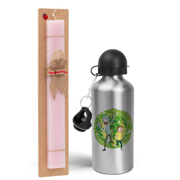 Rick and Morty, Easter Set, metallic Silver aluminum water bottle (500ml) & scented flat Easter candle (30cm) (PINK)