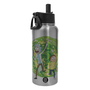 Rick and Morty, Metal mug thermo Silver with Straw and Spout Lid (Stainless steel), double wall, 950ml