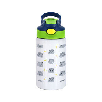 Hippo, Children's hot water bottle, stainless steel, with safety straw, green, blue (350ml)