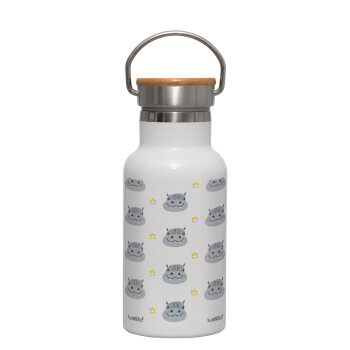 Hippo, Metallic thermos (Stainless steel) White with wooden lid (bamboo), double-walled, 350ml