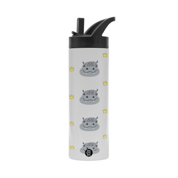 Hippo, Metallic thermos bottle with straw & handle, stainless steel (Stainless steel 304), double-walled, 600ml.