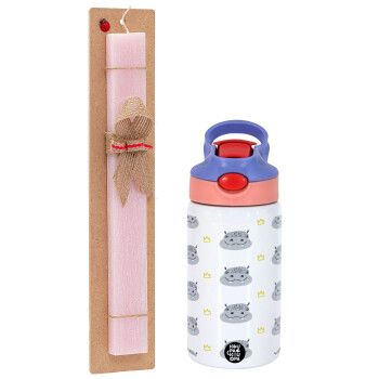 Hippo, Easter Set, Children's thermal stainless steel water bottle with safety straw, pink/purple (350ml) & Easter scented flat candle (30cm) (PINK)