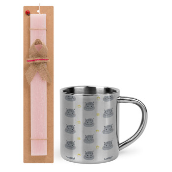 Hippo, Easter Set, metallic thermal cup (300ml) & aromatic flat Easter candle (30cm) (PINK)