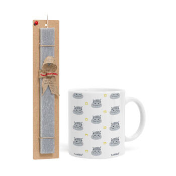 Hippo, Easter Set, Ceramic Cup (330ml) & Easter aromatic flat candle (30cm) (GRAY)