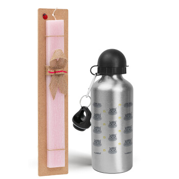 Hippo, Easter Set, metallic Silver aluminum water bottle (500ml) & scented flat Easter candle (30cm) (PINK)