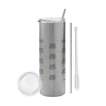 Hippo, Tumbler stainless steel Silver 600ml, with metal straw & cleaning brush