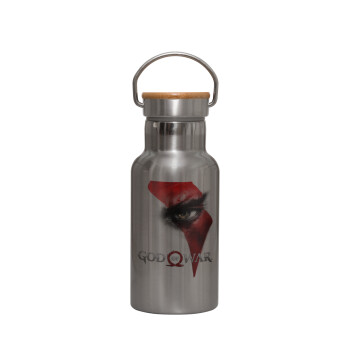 God of war Stratos, Stainless steel metallic thermos flask, silver with a bamboo lid, double-walled, 350ml.