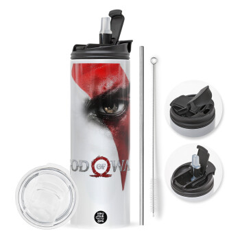 God of war Stratos, Travel Tumbler θερμό με διπλό καπάκι, μεταλλικό καλαμάκι και βούρτσα καθαρισμού (Ανωξείδωτο 304 Food grade, BPA free, 600ml)