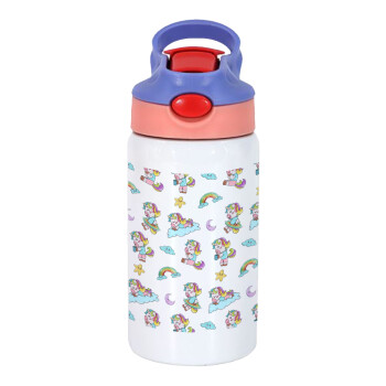 Unicorn pattern, Children's hot water bottle, stainless steel, with safety straw, pink/purple (350ml)