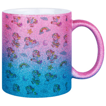 Unicorn pattern, Κούπα Χρυσή/Μπλε Glitter, κεραμική, 330ml