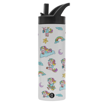 Unicorn pattern, Metallic thermos bottle with straw & handle, stainless steel (Stainless steel 304), double-walled, 600ml.