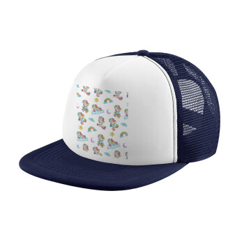 Unicorn pattern, Children's Soft Trucker Cap with Dark Blue/White Mesh (POLYESTER, CHILDREN, ONE SIZE)