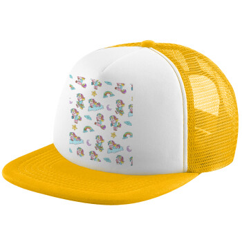 Unicorn pattern, Καπέλο Ενηλίκων Soft Trucker με Δίχτυ Κίτρινο/White (POLYESTER, ΕΝΗΛΙΚΩΝ, UNISEX, ONE SIZE)