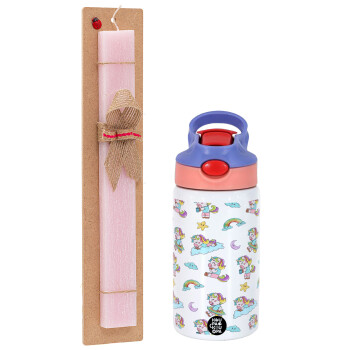 Unicorn pattern, Easter Set, Children's thermal stainless steel water bottle with safety straw, pink/purple (350ml) & Easter scented flat candle (30cm) (PINK)