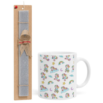 Unicorn pattern, Easter Set, Ceramic Cup (330ml) & Easter aromatic flat candle (30cm) (GRAY)