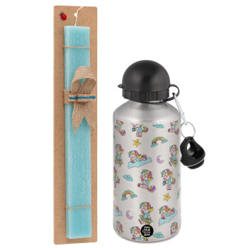 Unicorn pattern, Easter Set, metallic silver aluminum water bottle (500ml) & scented flat Easter candle (30cm) (TURQUOISE)