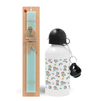 Unicorn pattern, Easter Set, metallic aluminum water bottle (500ml) & scented flat candle (30cm) (TURQUOISE)