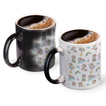 Unicorn pattern, Color changing magic Mug, ceramic, 330ml when adding hot liquid inside, the black colour desappears (1 pcs)