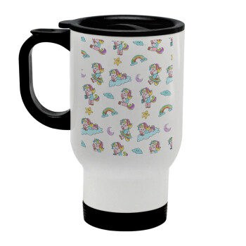 Unicorn pattern, Stainless steel travel mug with lid, double wall white 450ml