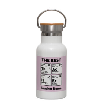 THE BEST Teacher chemical symbols, Metallic thermos (Stainless steel) White with wooden lid (bamboo), double-walled, 350ml