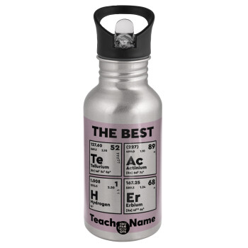 THE BEST Teacher chemical symbols, Water bottle Silver with straw, stainless steel 500ml
