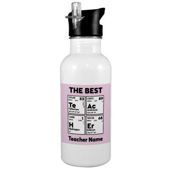 THE BEST Teacher chemical symbols, Παγούρι νερού Λευκό με καλαμάκι, ανοξείδωτο ατσάλι 600ml