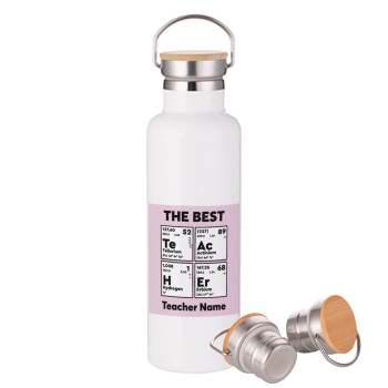 THE BEST Teacher chemical symbols, Stainless steel White with wooden lid (bamboo), double wall, 750ml