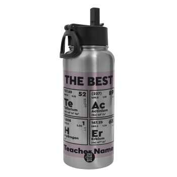 THE BEST Teacher chemical symbols, Μεταλλικό παγούρι θερμός Silver με καλαμάκι και χερούλι (Stainless steel), διπλού τοιχώματος, 950ml