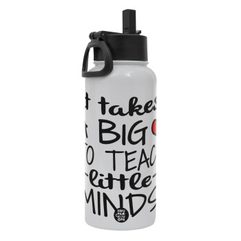 It takes big heart to teach little minds, Metal mug thermo White with Straw and Spout Lid (Stainless steel), double wall, 950ml