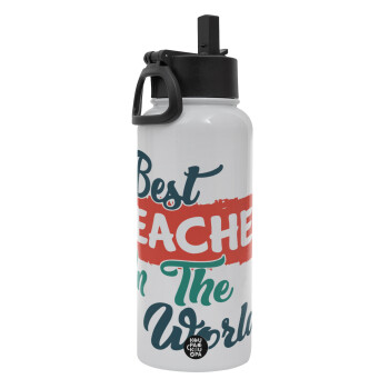 Best teacher in the World!, Metal mug thermo White with Straw and Spout Lid (Stainless steel), double wall, 950ml