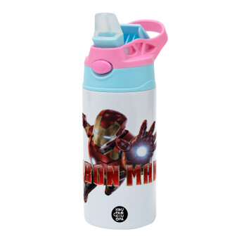 Ironman, Children's hot water bottle, stainless steel, with safety straw, Pink/BlueCiel (360ml) BPA FREE