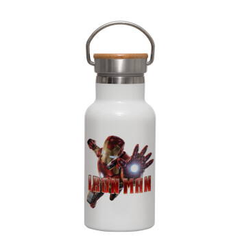 Ironman, Metallic thermos (Stainless steel) White with wooden lid (bamboo), double-walled, 350ml