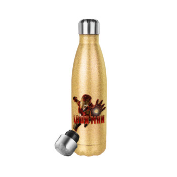 Ironman, Glitter gold stainless steel thermos bottle, double-walled, 500ml