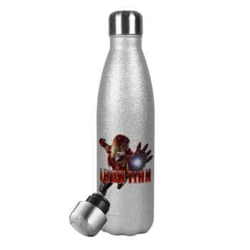 Ironman, Metallic Glitter Silver Thermos Flask (Stainless steel), double-walled, 500ml