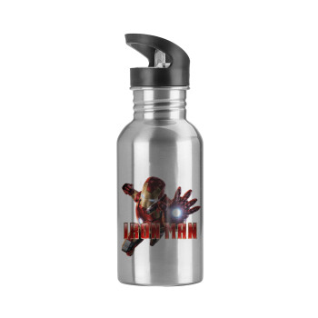 Ironman, Water bottle Silver with straw, stainless steel 600ml