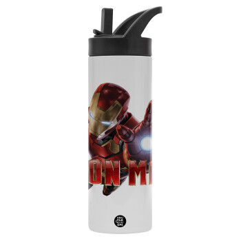 Ironman, Metallic thermos bottle with straw & handle, stainless steel (Stainless steel 304), double-walled, 600ml.