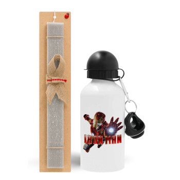 Ironman, Πασχαλινό Σετ, παγούρι μεταλλικό  αλουμινίου (500ml) & πασχαλινή λαμπάδα αρωματική πλακέ (30cm) (ΓΚΡΙ)