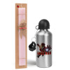 Easter Set, metallic Silver aluminum water bottle (500ml) & scented flat Easter candle (30cm) (PINK)