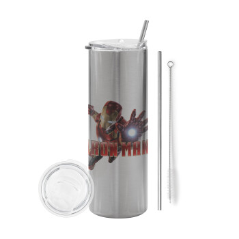 Ironman, Eco friendly ποτήρι θερμό Ασημένιο (tumbler) από ανοξείδωτο ατσάλι 600ml, με μεταλλικό καλαμάκι & βούρτσα καθαρισμού