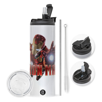 Ironman, Travel Tumbler θερμό με διπλό καπάκι, μεταλλικό καλαμάκι και βούρτσα καθαρισμού (Ανωξείδωτο 304 Food grade, BPA free, 600ml)