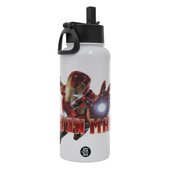 Ironman, Metal mug thermo White with Straw and Spout Lid (Stainless steel), double wall, 950ml