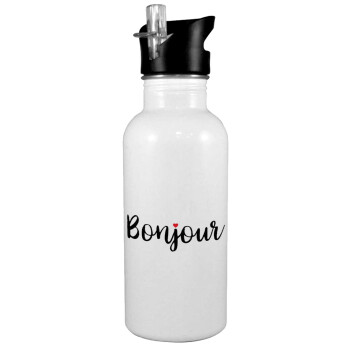 Bonjour, White water bottle with straw, stainless steel 600ml