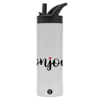 Bonjour, Metallic thermos bottle with straw & handle, stainless steel (Stainless steel 304), double-walled, 600ml.