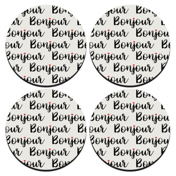 Bonjour, SET of 4 round wooden coasters (9cm)