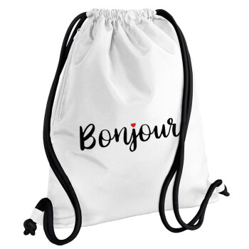 Bonjour, Backpack pouch GYMBAG white, with pocket (40x48cm) & thick cords