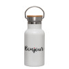 Metallic thermos (Stainless steel) White with wooden lid (bamboo), double-walled, 350ml